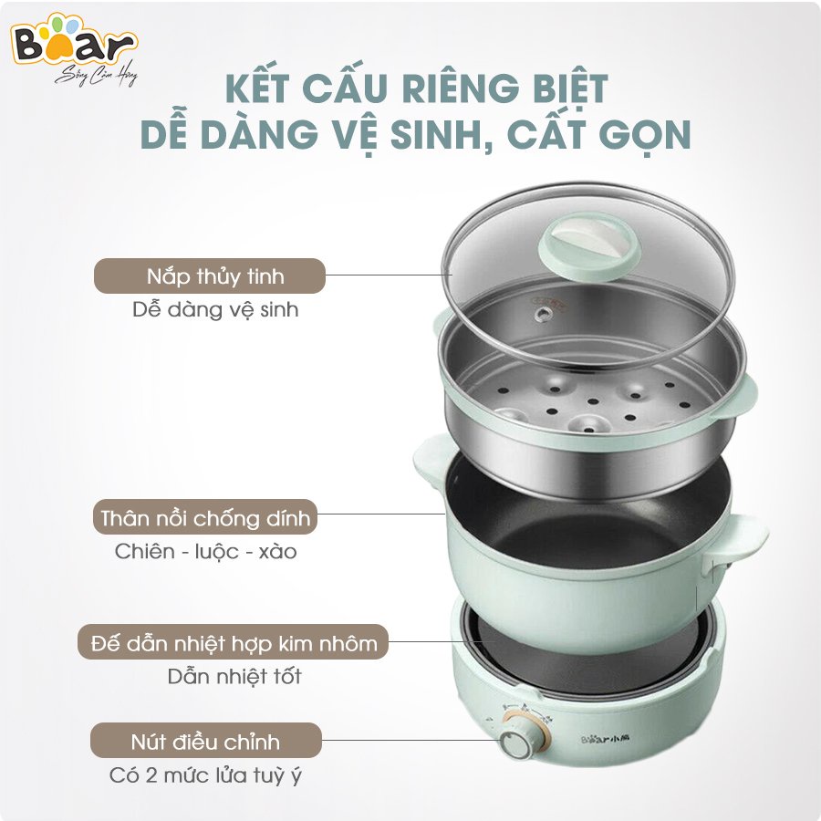 Nồi Điện Đa Năng Bear 2,5L Chiên, Xào, Hấp 2 Tầng Chống Dính Cao Cấp - MC-B25V1