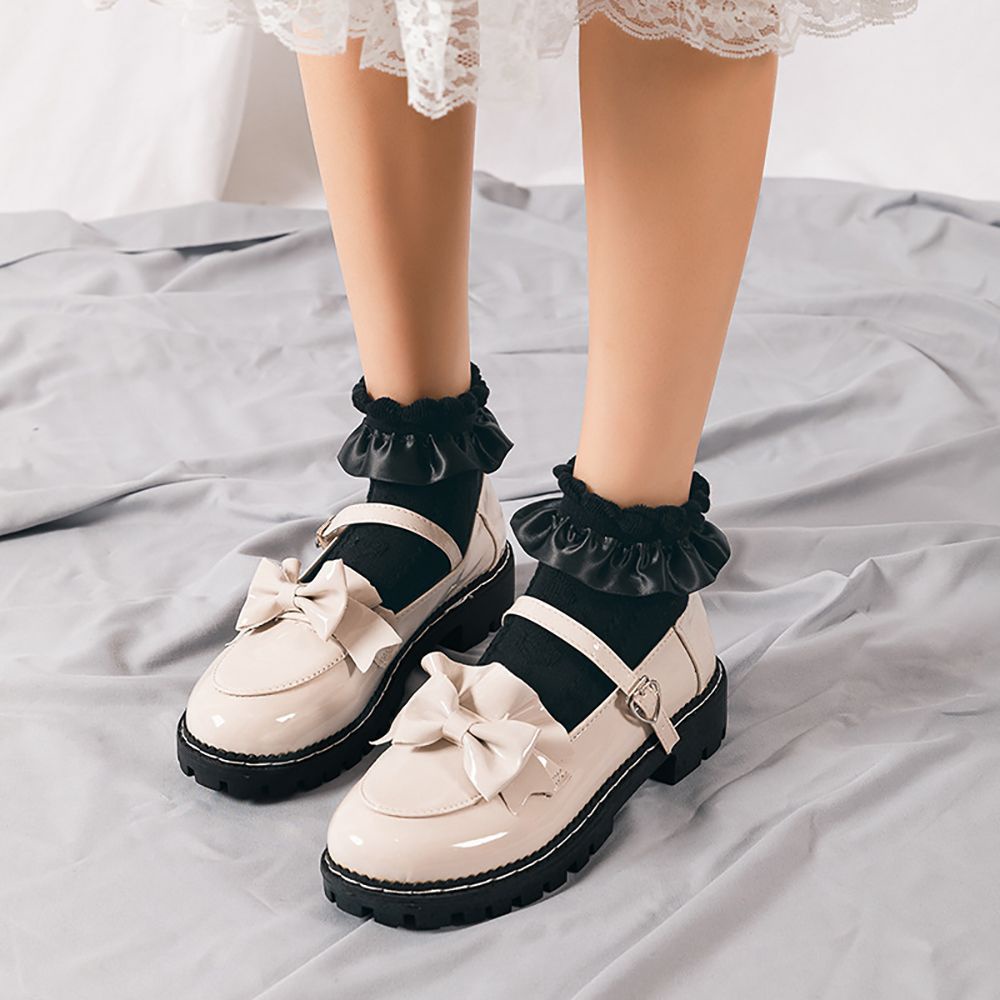 Vớ ngắn dệt kim xoắn cotton ren mỏng nhún bèo màu trơn mềm mại phong cách lolita ngọt ngào dễ thương dành cho nữ