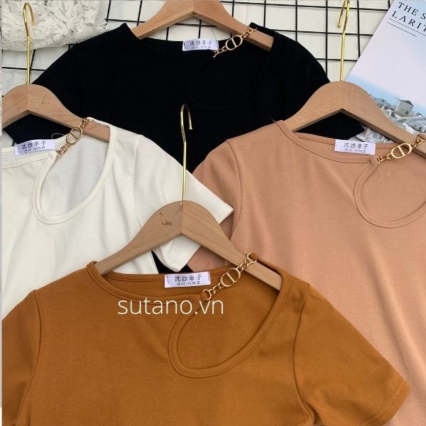 Áo phông kiểu nữ chất zip co giãn phối khuy khóa cổ sang chảnh lịch sự A605 SUTANO