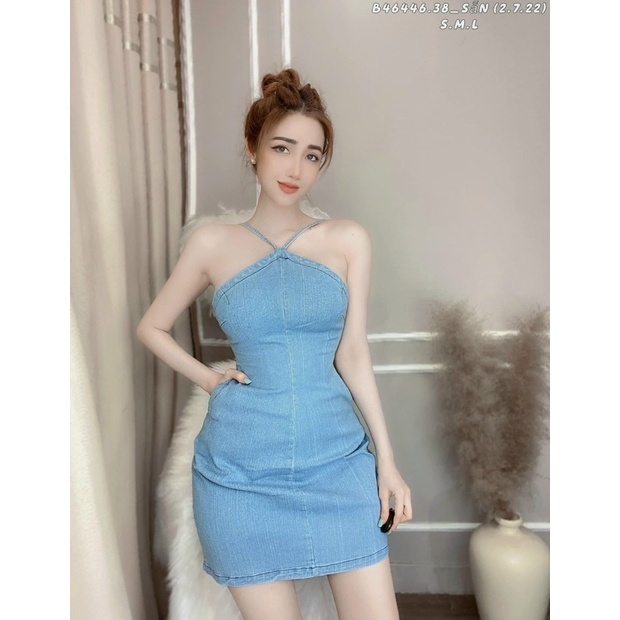 Đầm Body Yếm Jean Lụa Mềm Ôm Dáng Ngắn