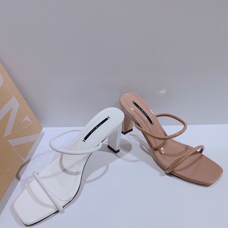 Guốc gót dẹt mảnh quai mảnh trắng đen nâu