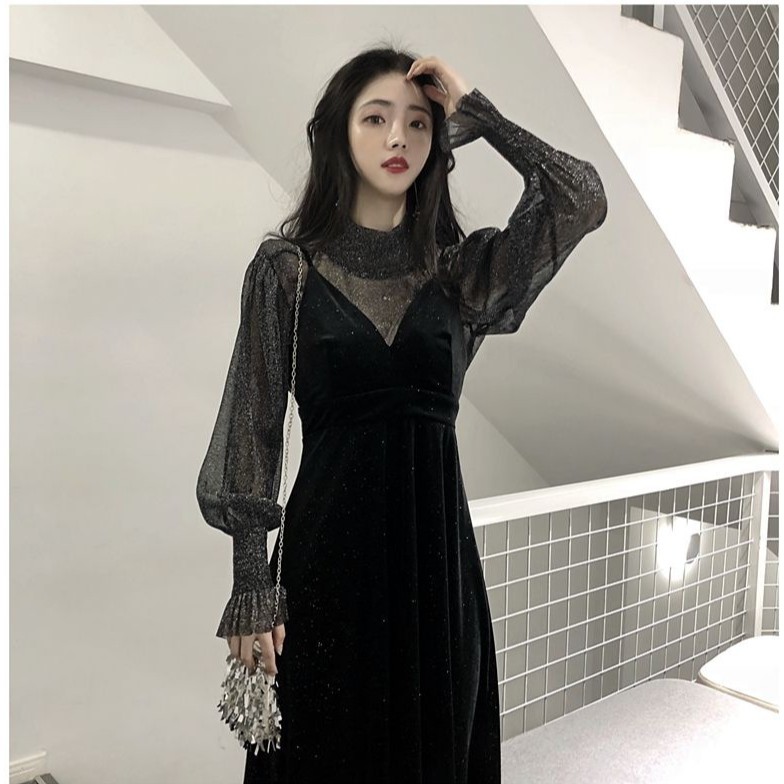 (Sẵn M) M29 - Đầm nhung Ulzzang dáng dài phối lưới kim sa sang trọng có Bigsize