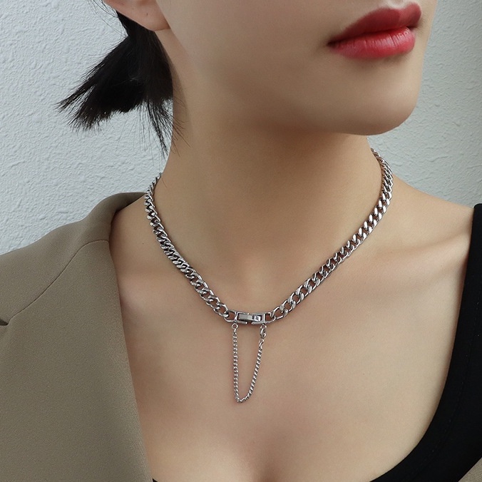Dây chuyền choker titan xích vát 6mm khóa hộp phối dây thả vòng cung không gỉ WN2202