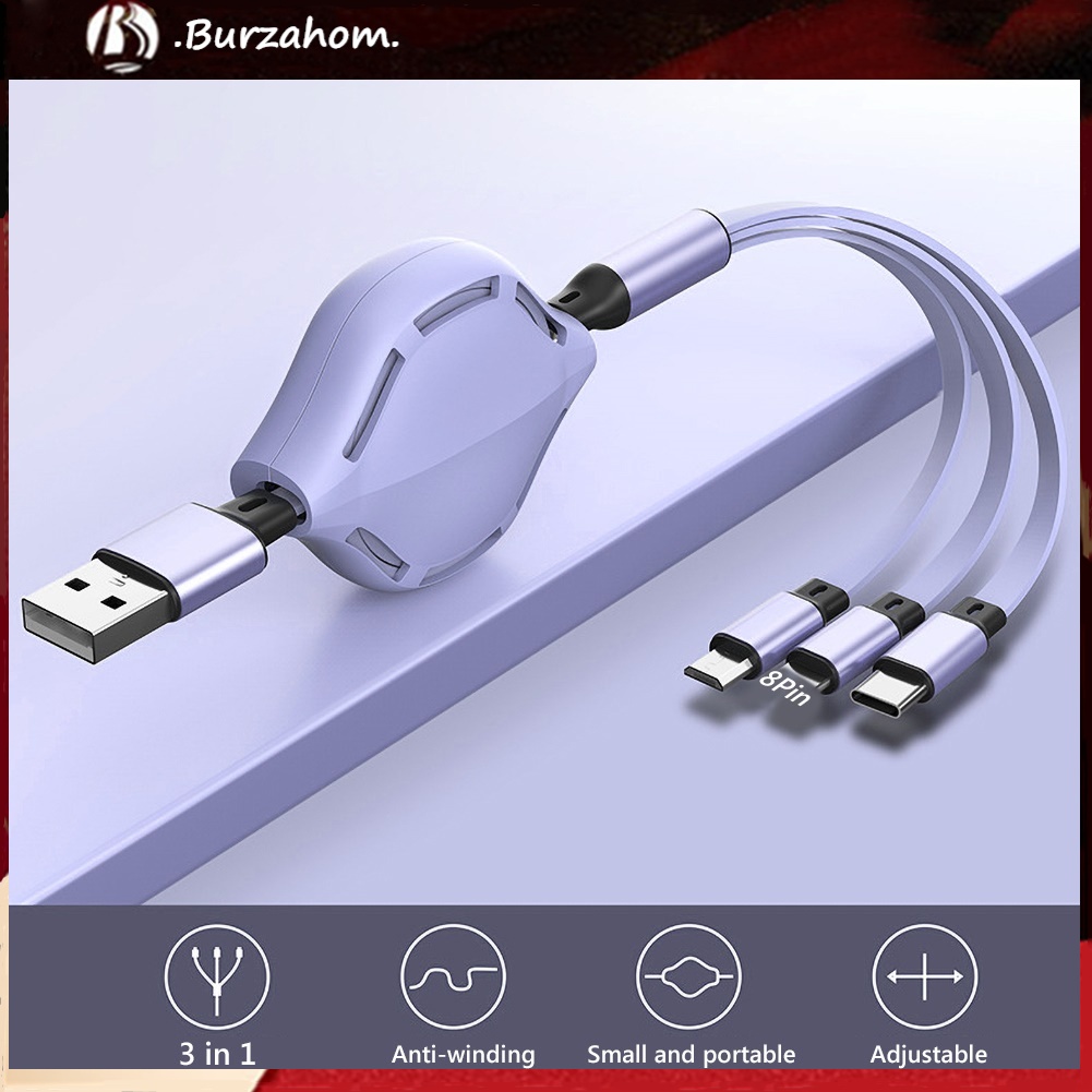 Dây Cáp Sạc Nhanh 3 Trong 1 Loại C 8pin Micro Usb 3a Có Thể Thu Gọn Tiện Lợi