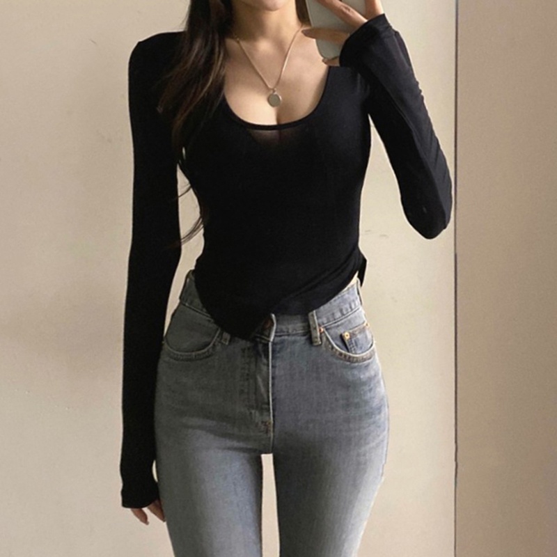 Áo Croptop Tay Dài Cổ Chữ U Màu Trơn Dáng Ôm Thời Trang Mùa Hè Quyến Rũ Cho Nữ