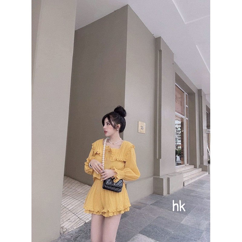 Set đũi xốp áo cổ vuông tay bồng kèm quần - còn vàng