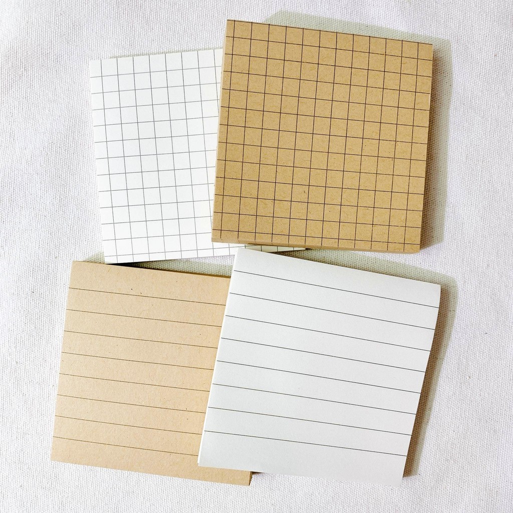 Set 80 sticky note basic giấy kraft nâu - trắng in grid kẻ ô vuông / kẻ ngang