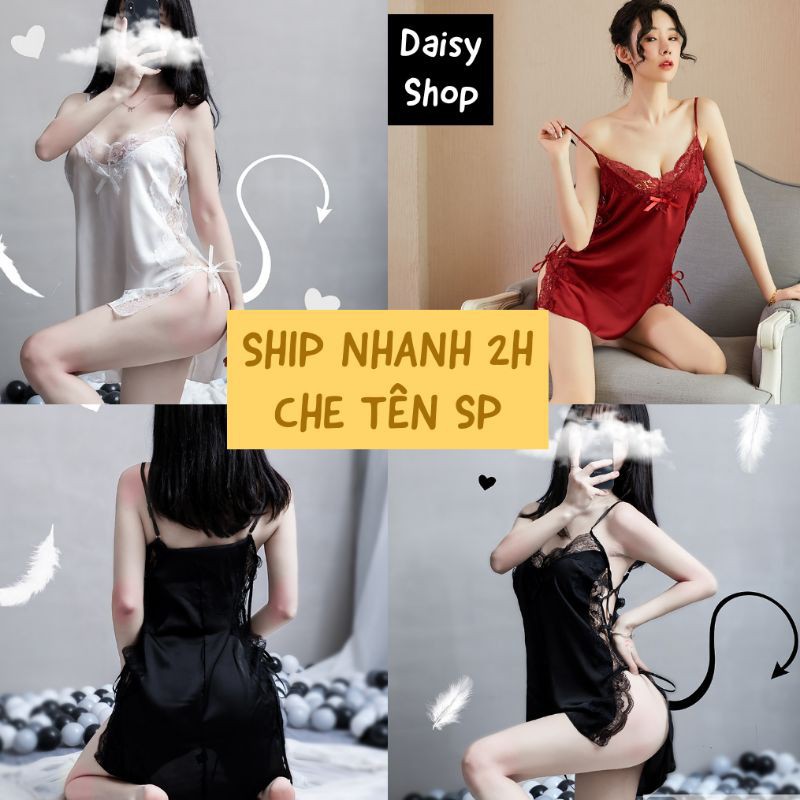 Váy Ngủ Sexy Vải Lụa Bóng Gợi Cảm Đan Dây Hai Bên Hông Tặng Kèm Lọt Khe Đen, Đỏ, Trắng ་