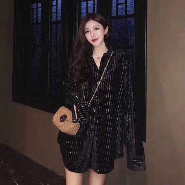 Áo sơmi nhung sọc kim tuyến hàng QCL1