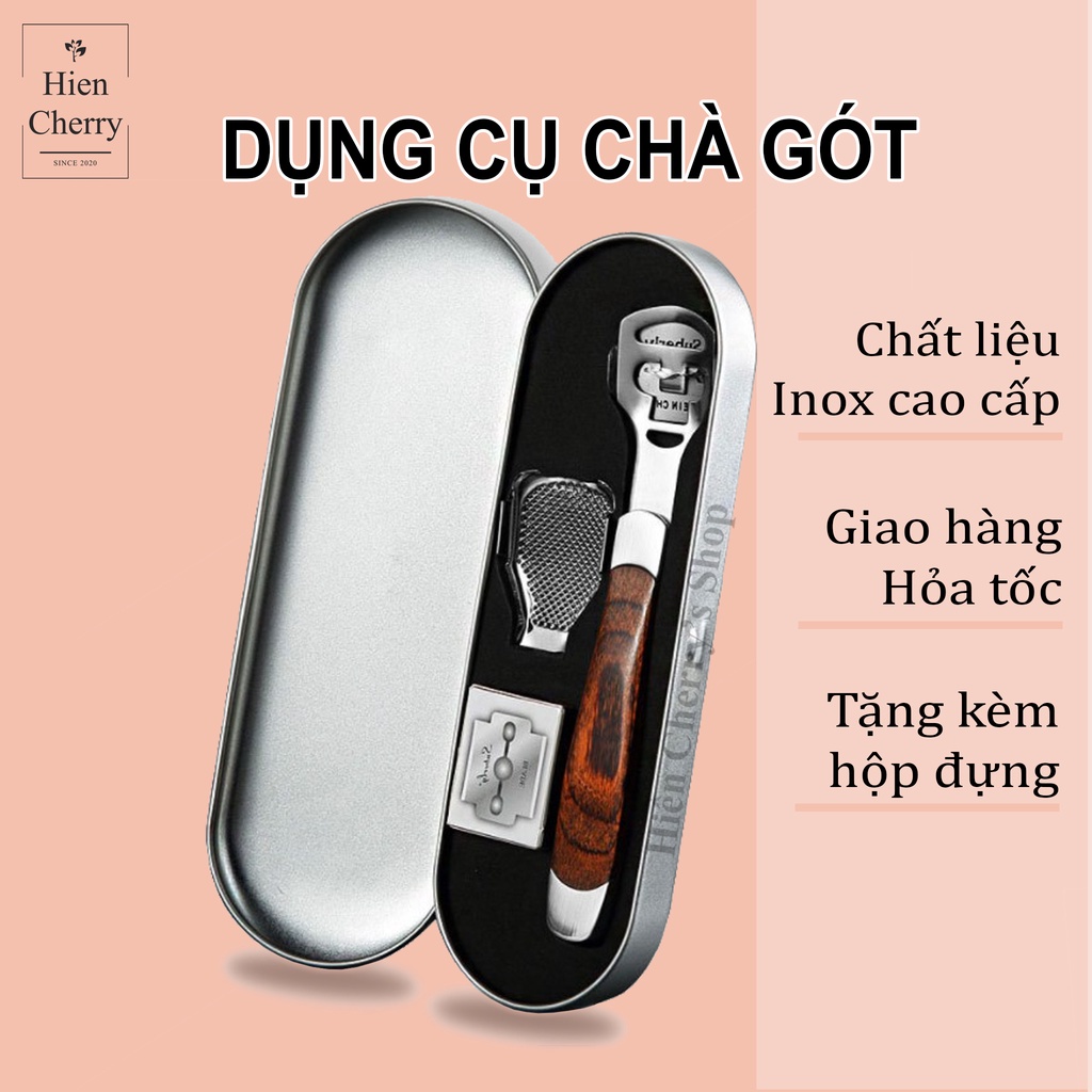 Bộ dụng cụ chà gót chân cầm tay tiện lợi, chất liệu inox, tặng kèm hộp đựng và lưỡi dao