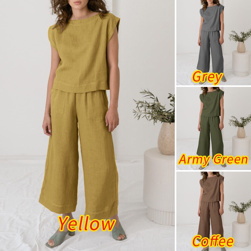 Set ZANZEA áo thun ngắn tay cổ tròn và quần dài ống rộng thời trang cho nữ