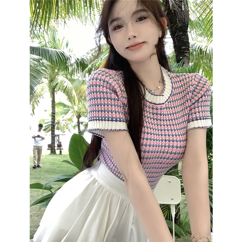 Áo Thun Dệt Kim Tay Ngắn Họa Tiết Kẻ Sọc Màu Sắc Tương Phản Phong Cách Hàn Quốc Thời Trang Mùa Hè Cho Nữ