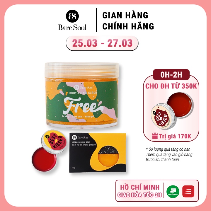 Combo Muối tắm gội BareSoul Free Body &amp; Hair Scrub 300g + Bánh xà phòng 100g + Son dưỡng Lip Tint &amp; Cheek 10