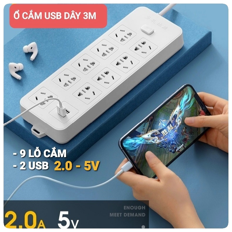 Ổ Cắm Điện Đa Năng, Ổ Điện Có Công Tắc Thông Minh Chống Giật 2500W Tích Hợp 2 Cổng Sạc USB - Yobomall