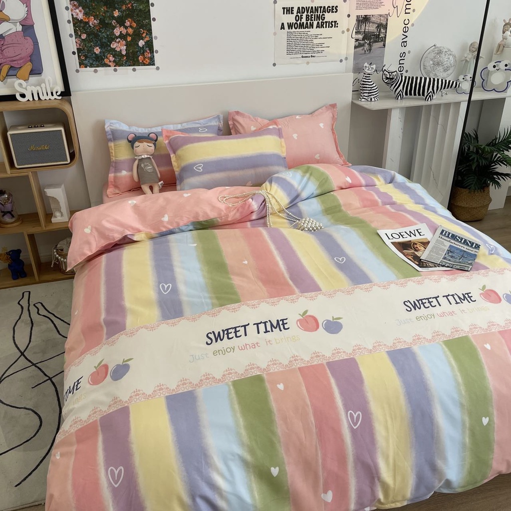 Bộ chăn ga gối cotton poly - Mẫu cầu vồng ga tim.