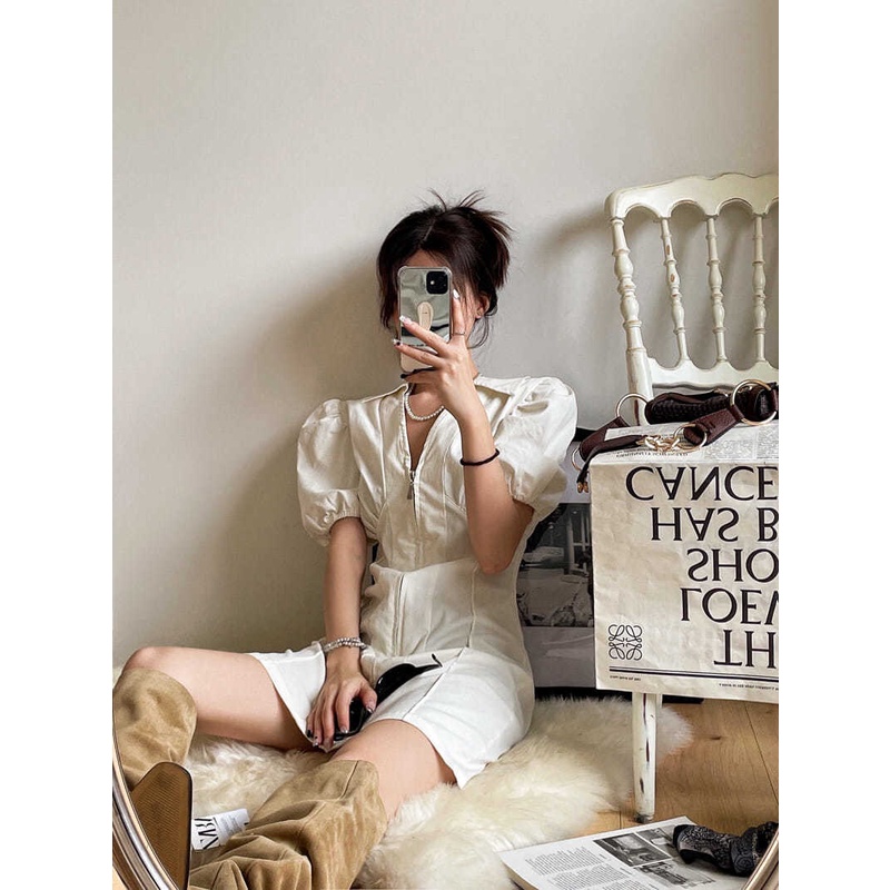 Đầm Tay Phồng Cổ Chữ V Khoét Sâu Dáng Chữ A Xếp Ly Thời Trang Mùa Hè Cho Nữ