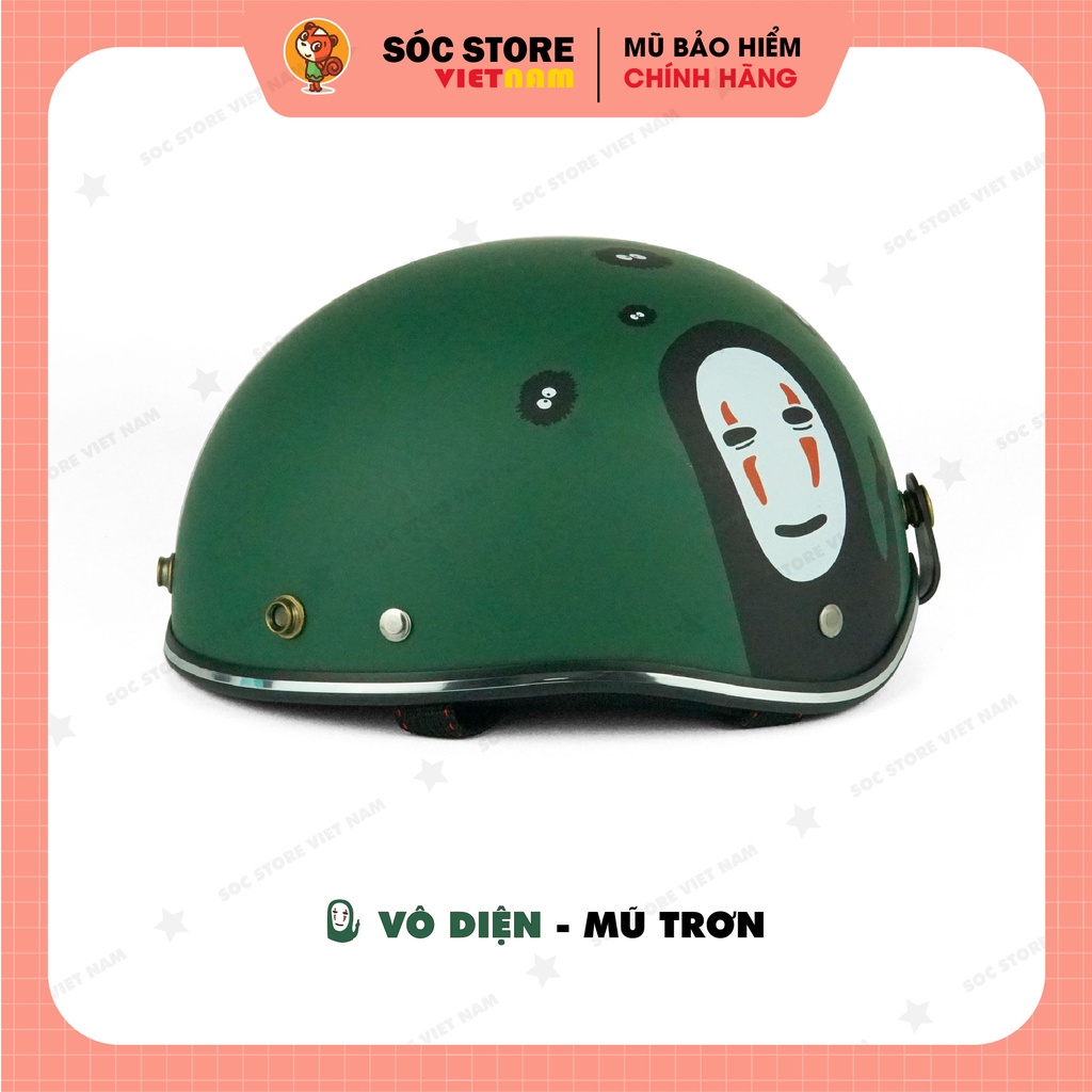 Mũ bảo hiểm nửa đầu chính hãng in hình Vô diện Sóc Store xanh rêu, nón bảo hiểm 1 phần 2, kèm kính UV, kính phi công