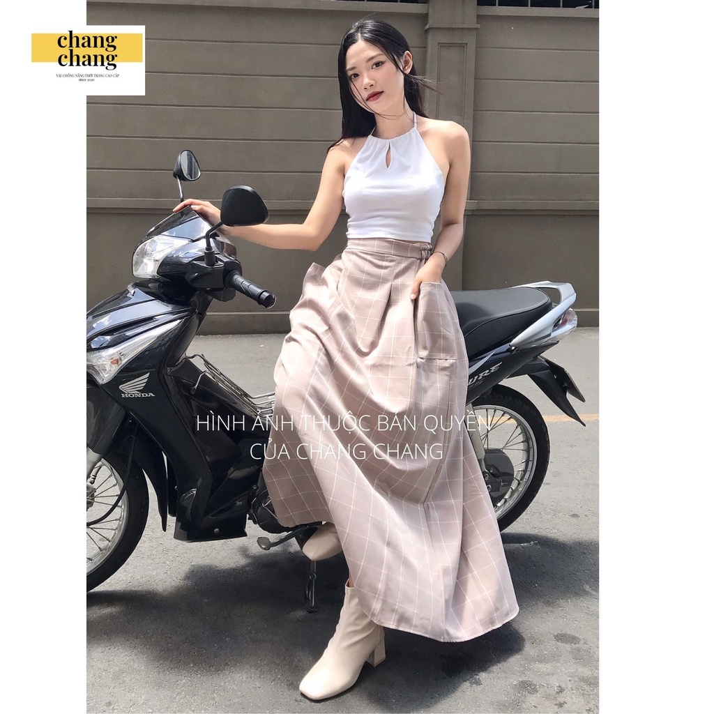 Váy Che Nắng Lưng Thun Cài Nút CHANG CHANG, Quây Che Nắng Thời Trang Nâu Caro Xếp ly