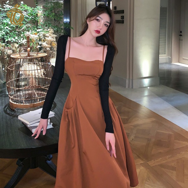 French style sexy collarbone sling dress women's graceful waist-tight figure-showing Midi A- Line dress