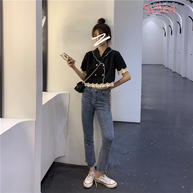 Áo tay ngắn màu đen phối ren thời trang mùa hè dành cho nữ | BigBuy360 - bigbuy360.vn