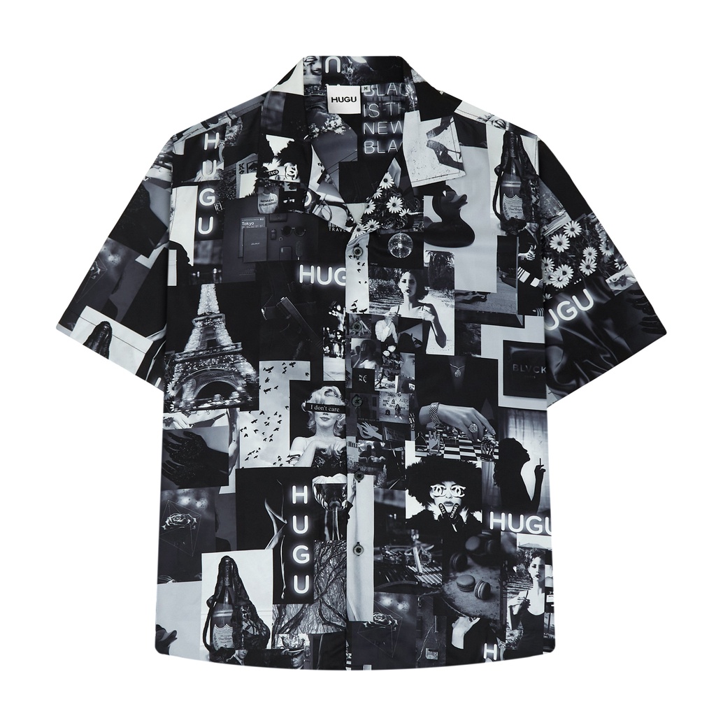 Áo sơ mi tay ngắn HUGU - Black mix pic - chất liệu satin - unisex