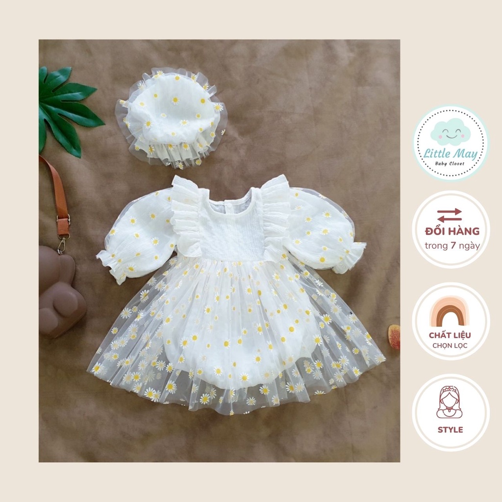 Váy sơ sinh bé gái đầm công chúa chất đũi màu trắng hoa cúc cho bé từ sơ sinh đến 24 tháng tặng kèm mũ Little May