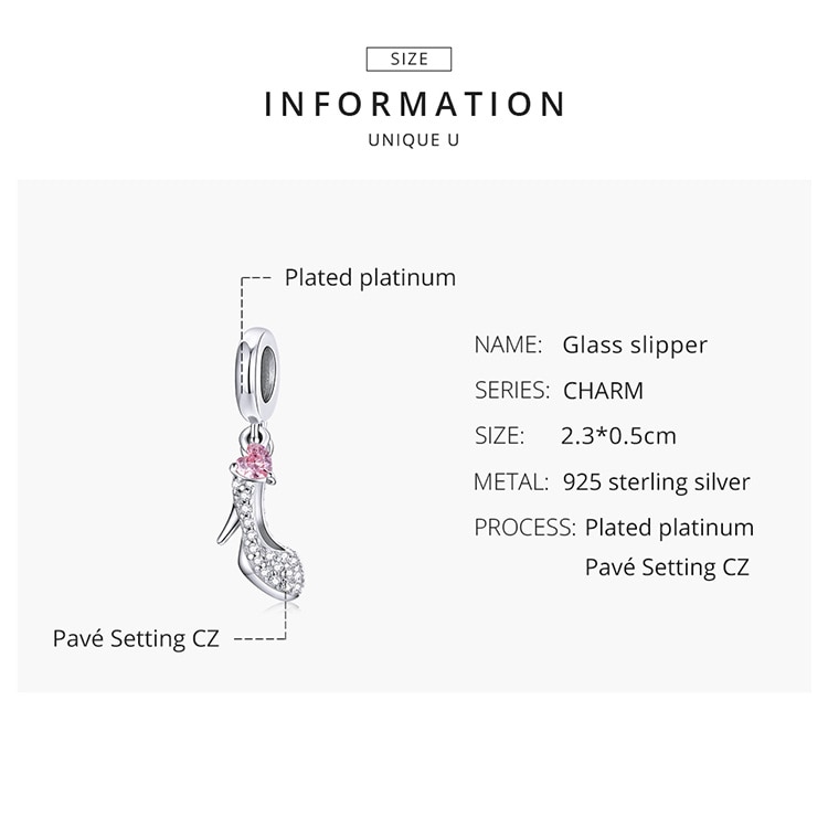 Hạt Charm Gắn Vòng Tay Bamoer Hình Giày Cao Gót Thủy Tinh Gắn Tim Màu Hồng Bằng Đá Zircon Nguyên Bản BSC411
