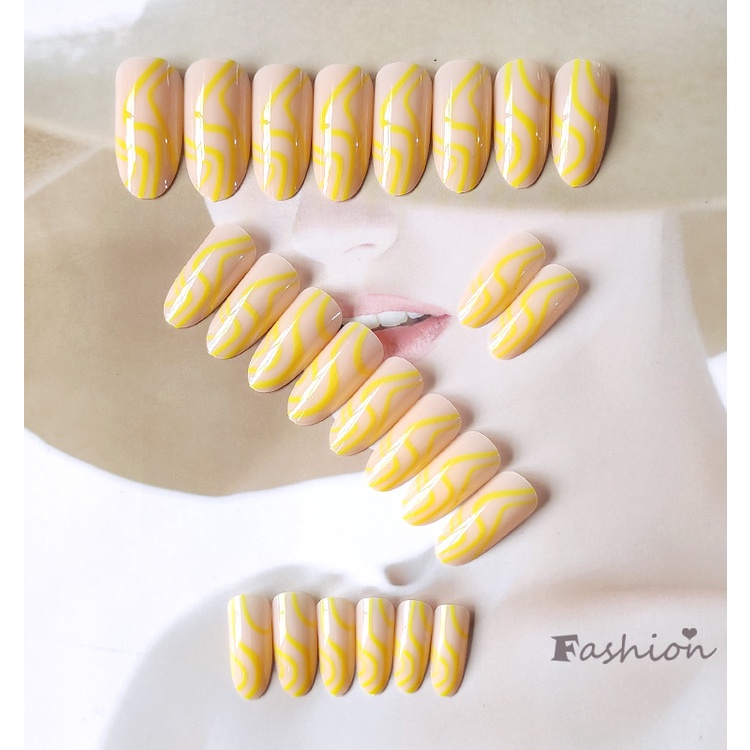 Bộ 24 Miếng Dán Móng Tay Đầu Tròn Màu Vàng Có Thể Tháo Rời