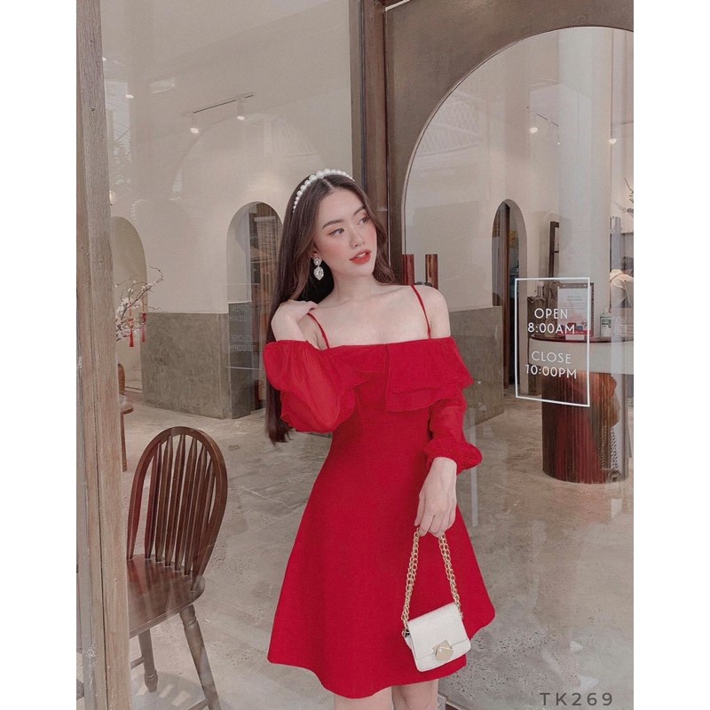 Đầm nữ đỏ hai dây trễ vai phối voan - Đầm 2 dây bẹt vai