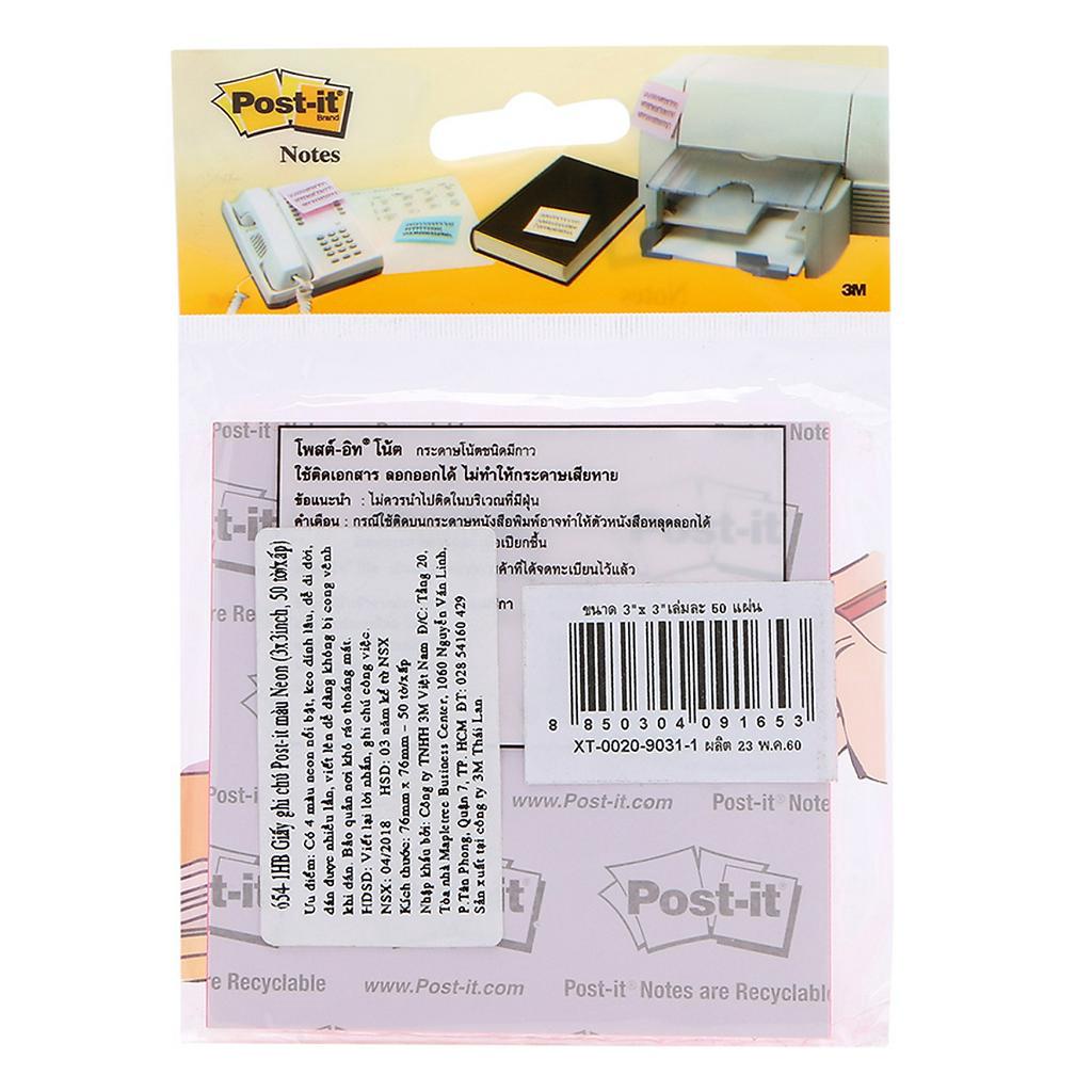 Combo 4 xấp Giấy ghi chú Post it 3M 76x76mm màu Neon tươi sáng