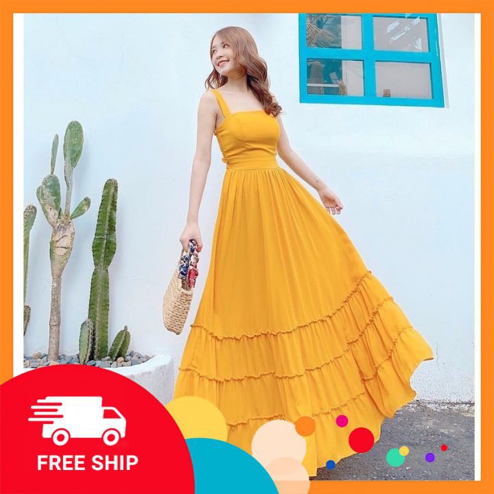 Váy maxi⚡𝗙𝗥𝗘𝗘 𝗦𝗛𝗜𝗣⚡ Đầm maxi 2 dây, dáng xoè phối đuôi cá tầng cách điệu, bo chun eo co dãn tốt, hàng QC cao cấp | BigBuy360 - bigbuy360.vn