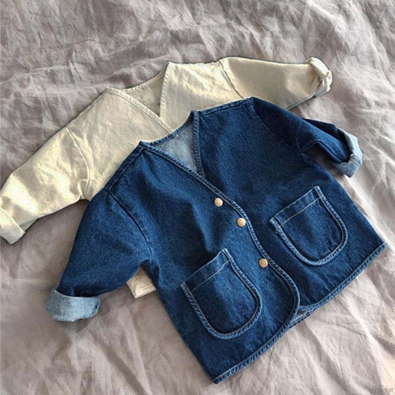 1-6Y Baby Boys Girls Jacket &amp; Coat Denim V-neck Fashion Loose Simple Wild With Pockets