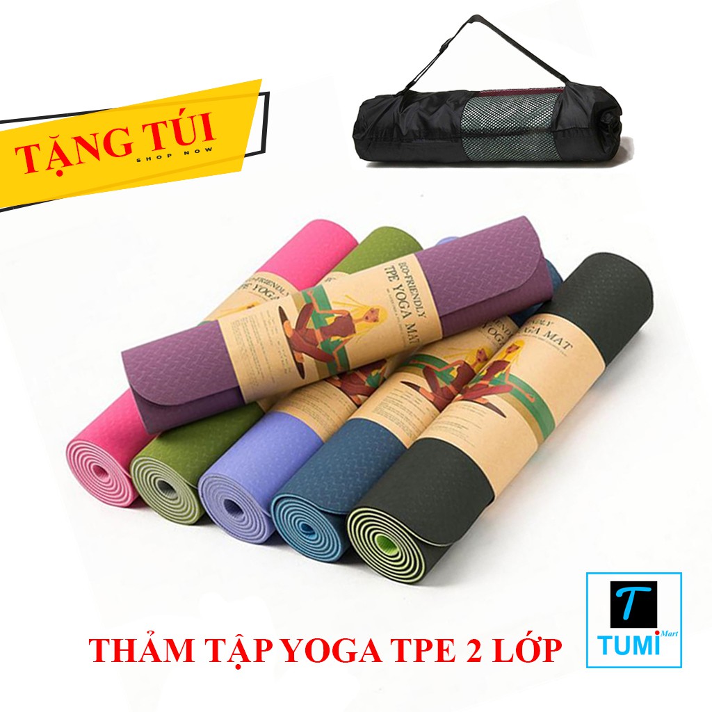 Thảm tập yoga TPE 2 lớp - Hàng cao cấp có rãnh chống trơn + Tặng kèm Túi và dây buộc