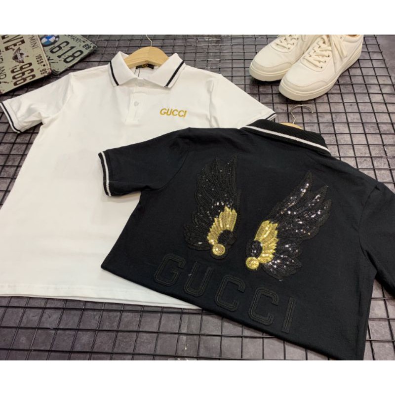 Áo thun polo nam nữ Gucciis hình cánh chim đại bàng full đính đá kim sa cực chất, 100% vải cotton