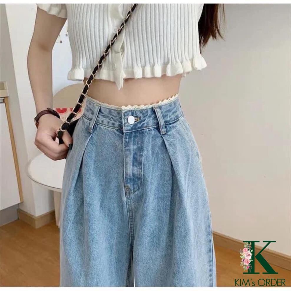 Quần jean nữ ống rộng ống suông lưng cao màu xanh cạp phối ren phong cách Ulzzang Hàn Quốc đủ size thời trang