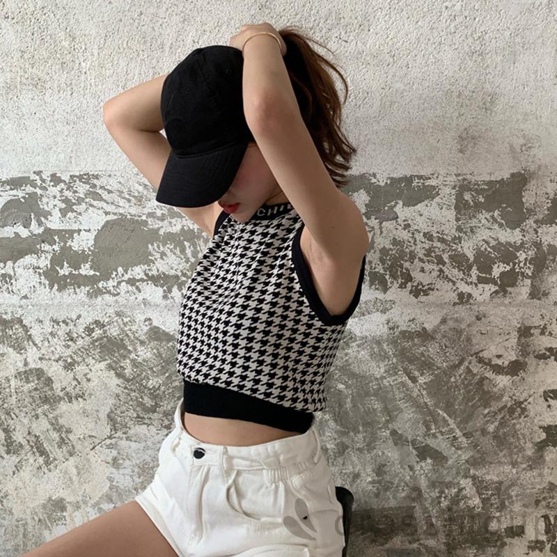 Áo Croptop Dệt Kim Cổ Tròn Không Tay In Chữ Cá Tính Cho Nữ