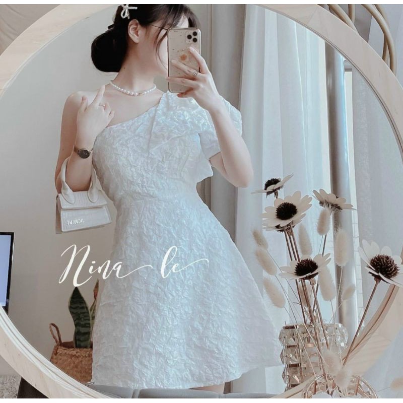 Đầm dự tiệc Gấm Nơ Lệch Vai