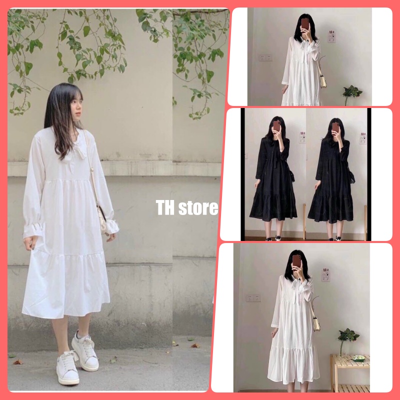 đầm trắng babydoll dáng dài suông tay dài