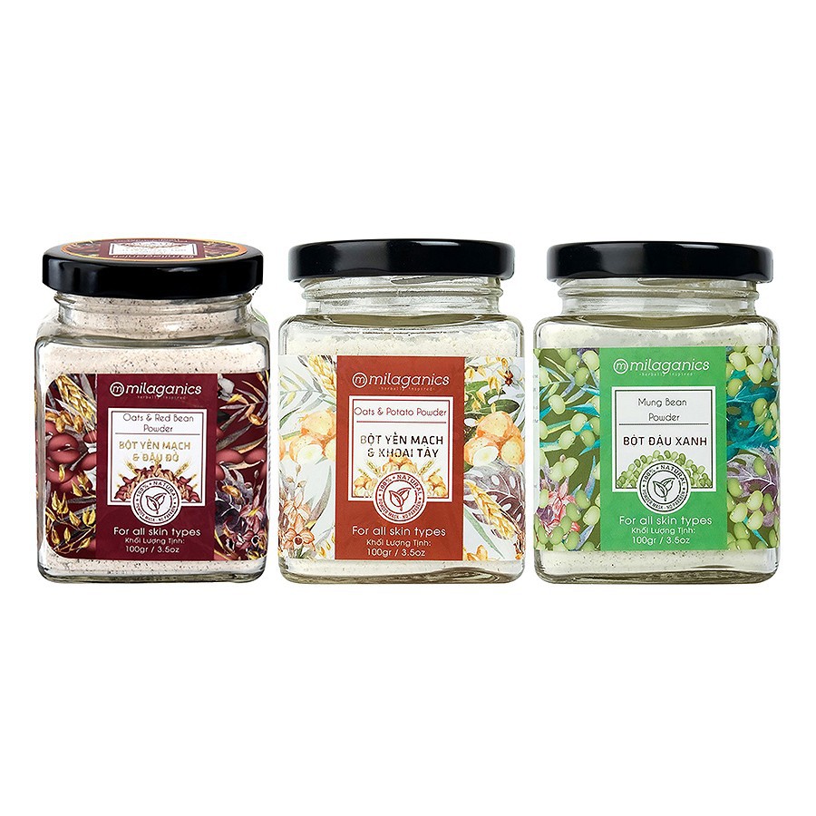 Combo bột yến mạch khoai tây, yến mạch đậu đỏ, đậu xanh 100g H02 Milaganics