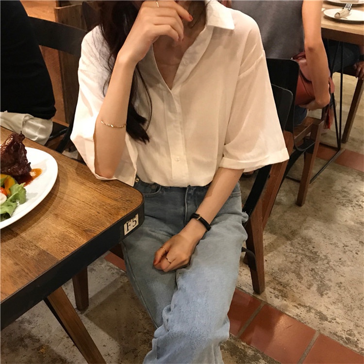 Summer  Korean style loose short-sleeved shirt female solid color blouse top design sense Hong Kong style shirt