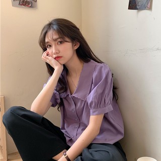 Áo sơ mi nữ tiểu thư ngắn tay hai màu tím/trắng
