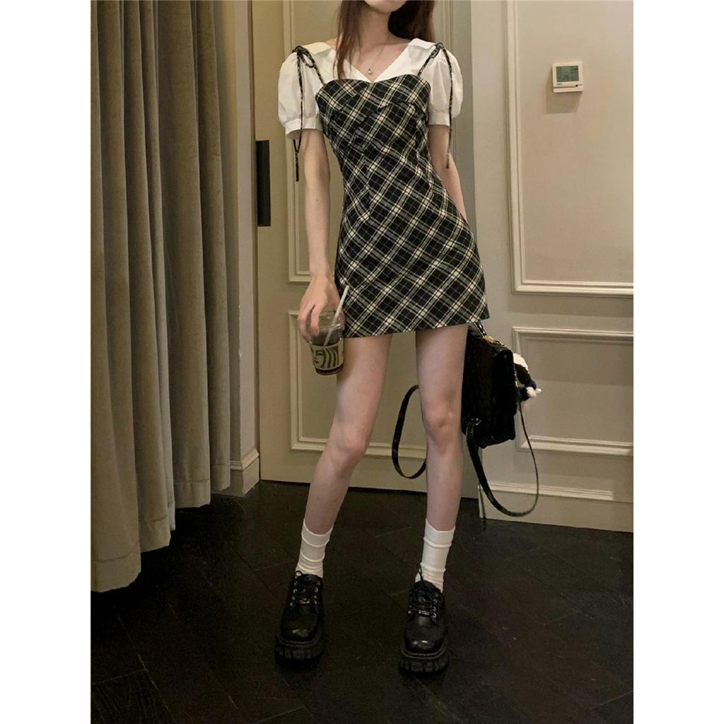 63634 Đầm Ôm Hông Giả Hai Lớp Phong Cách Preppy Retro Mỹ