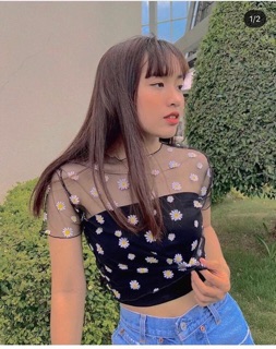 set Áo lưới kiếng croptop daisy hoa cúc kèm áo ống đen trắng tím (ảnh thật)