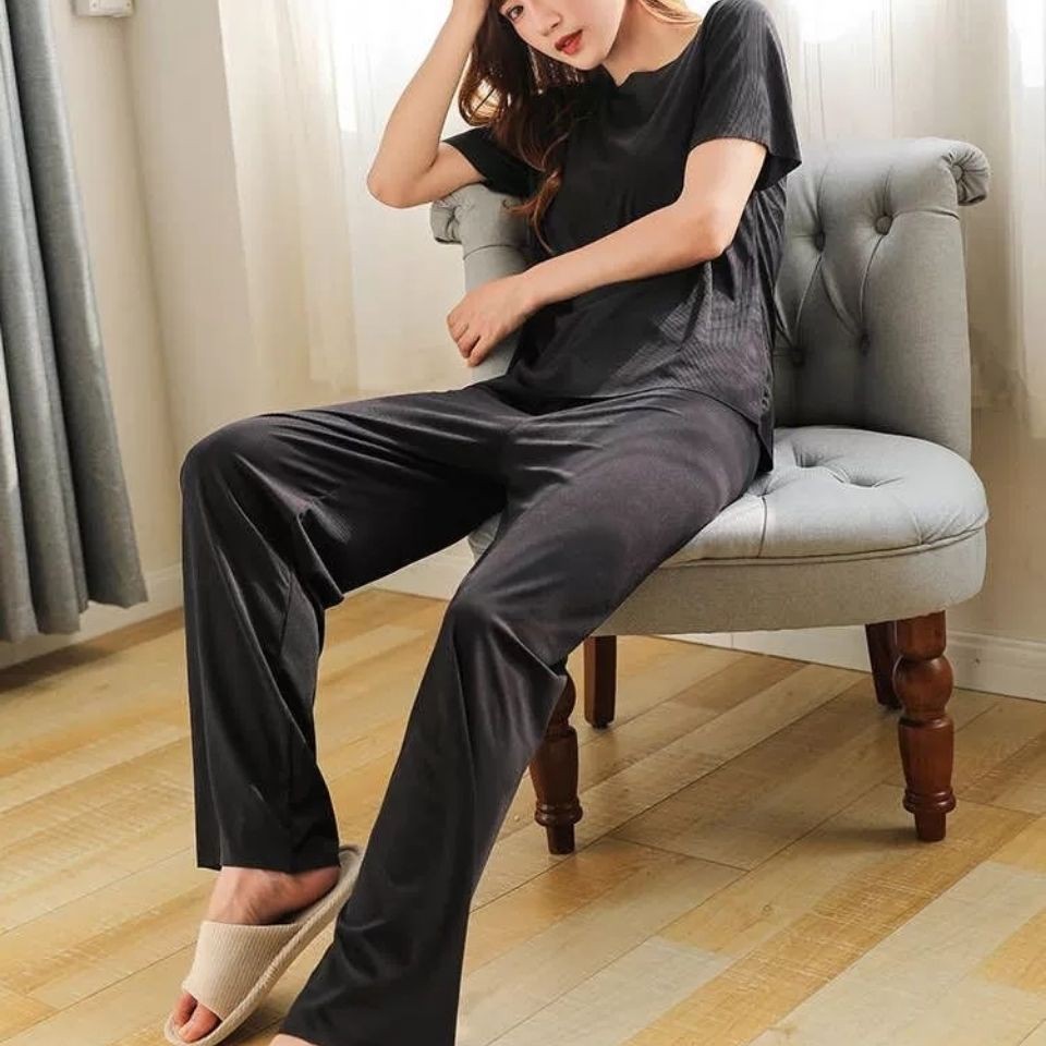 Bộ đồ ngủ áo thun và quần ống rộng bằng lụa lạnh 7 màu cho nữ