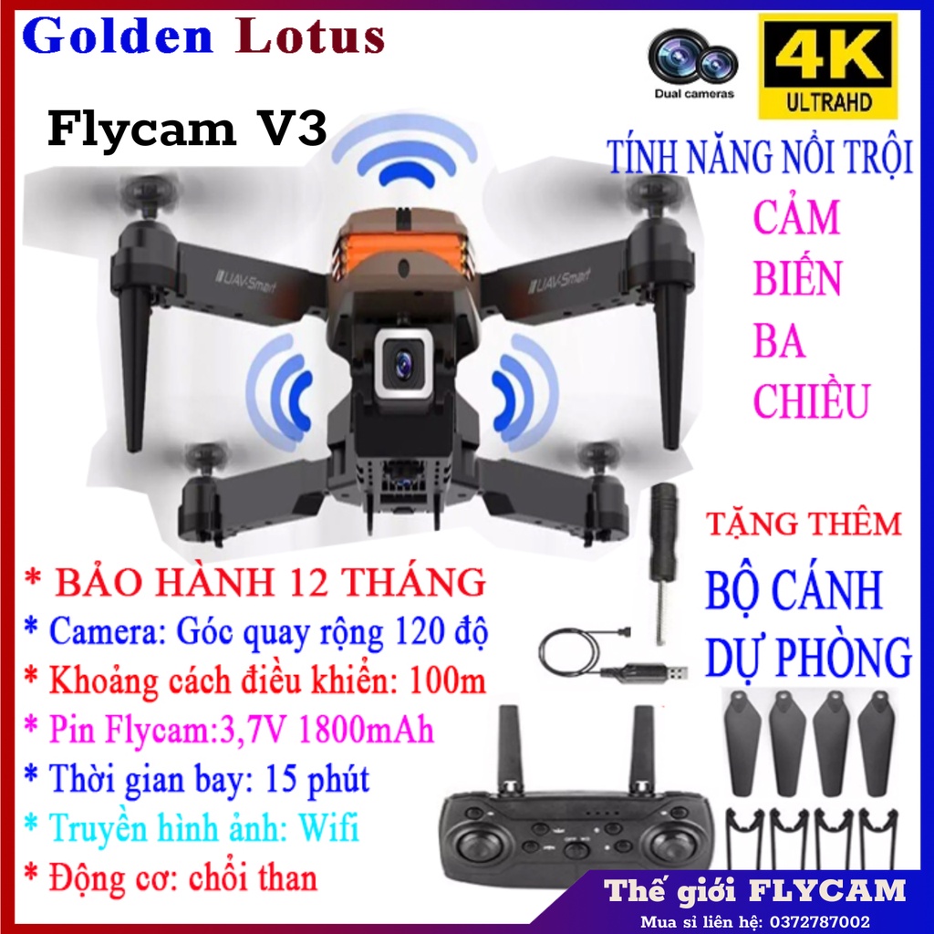 Flycam V3 Pro Thế Hệ 2023 2 Camera WIFI 4K HD  Cảm Biến Chống Va Chạm 4 chiều - Quay Phim - Chụp Ảnh đa tính năng