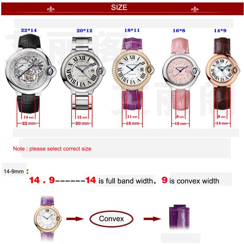 Dây Da Bò 14-8mm,16-9mm,18-11mm, 20-12mm, 22-14mm Thay Thế Cho Đồng Hồ Cartier