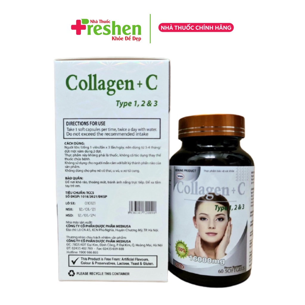 Collagen+C 16000mg đẹp da, chống lão hóa, mờ thâm, trắng da, Hộp 60 viên