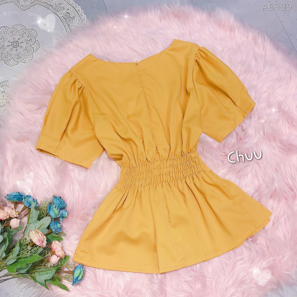 Áo peplum công sở nữ kiểu xếp li bo chun phần eo đính nút gỗ CHUU A6899