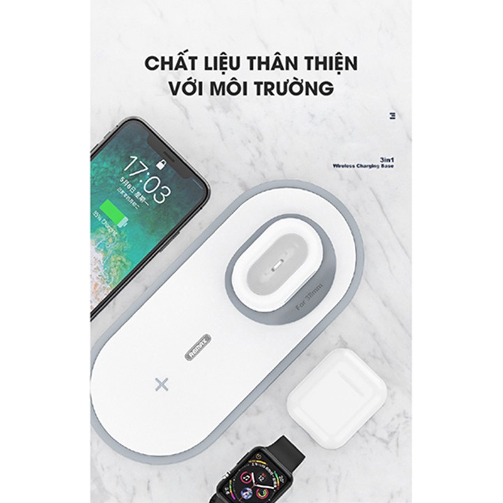 Dock sạc nhanh không dây 3 in 1 Remax RP-W13 sạc được cho iPhone, Android, Apple Watch và Airpods