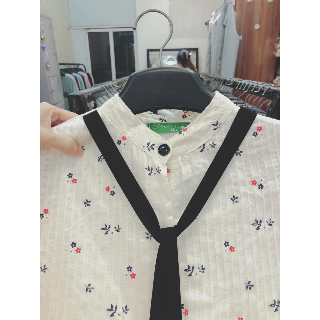 ĐẦM BẦU FREESHIP Váy chất thô hoa nhí cổ tầu buộc nơ đen